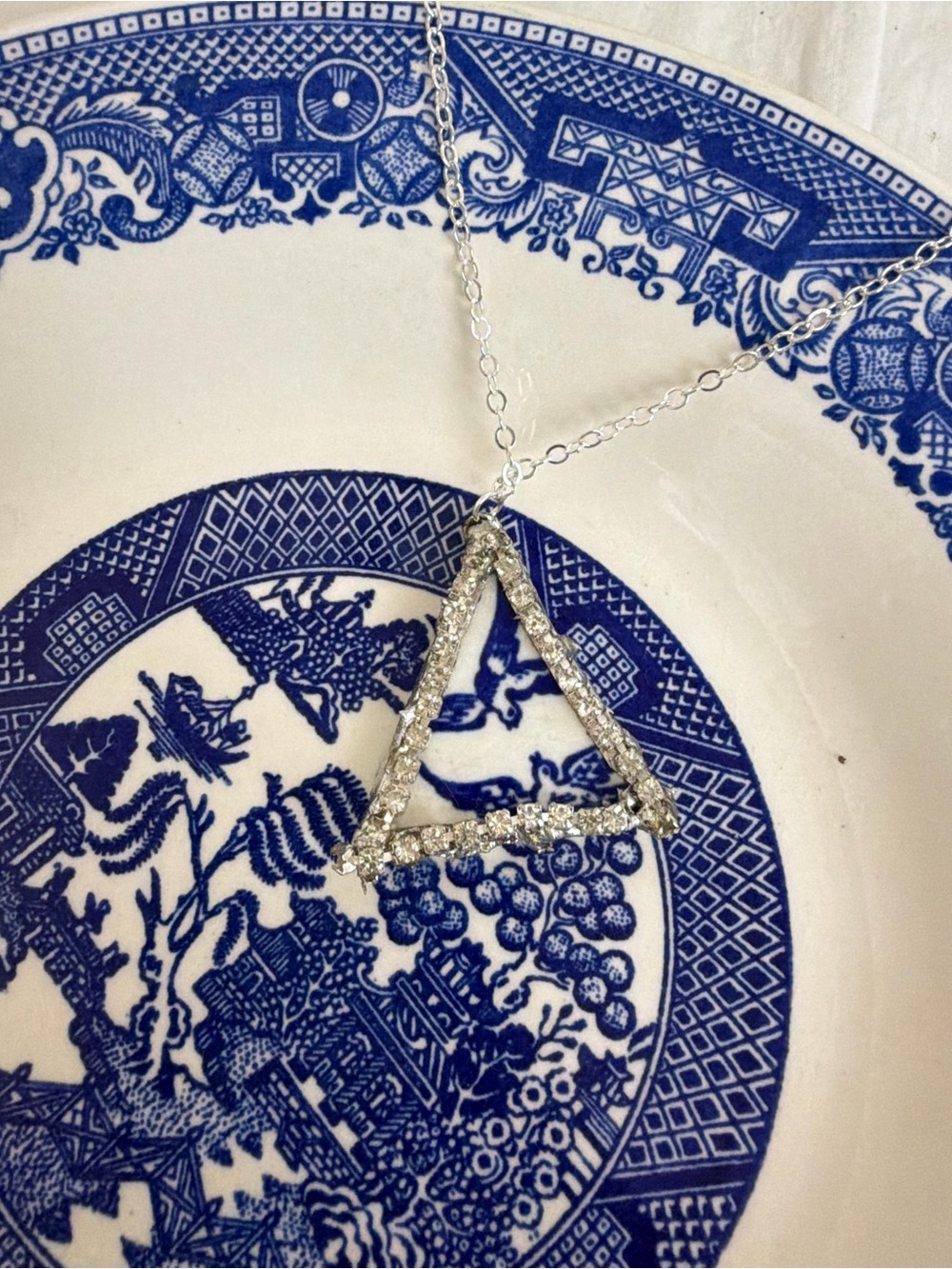 Love Birds Willow China Pendant Necklace on Brass Cable Chain Vintage Blue White